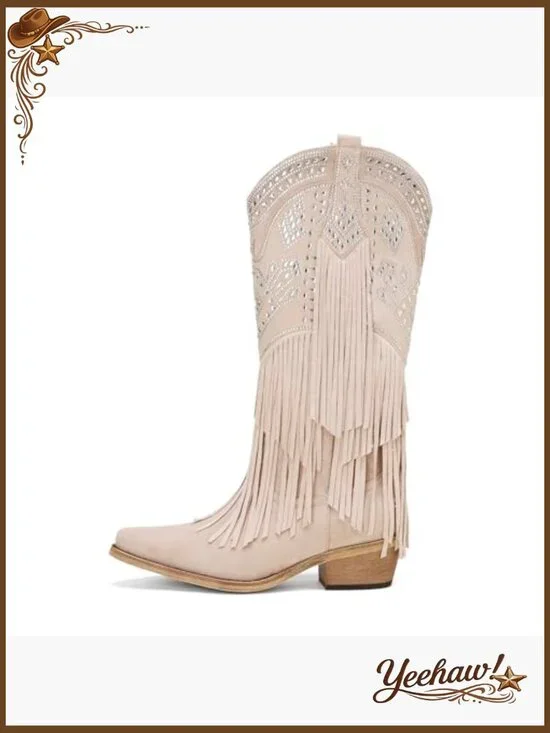 Knee High Western Boots with Rhinestone Fringe Chunky Heel Pointed Toe - Picture 4 of 7